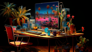Desktop with a lot of plants and a computer showing an image with plants