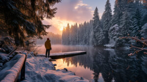 Mann steht in verschneiter Landschaft an einem Kleinen See bei Sonnenuntergang